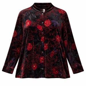 JM Collection Shirt 1X Velvet Dark Floral Button Front Wimsygoth Red Purple Gold